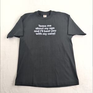 Vintage 1985 Single Stitch Hef-T Shirt "Tease me about my age" Size Large Black